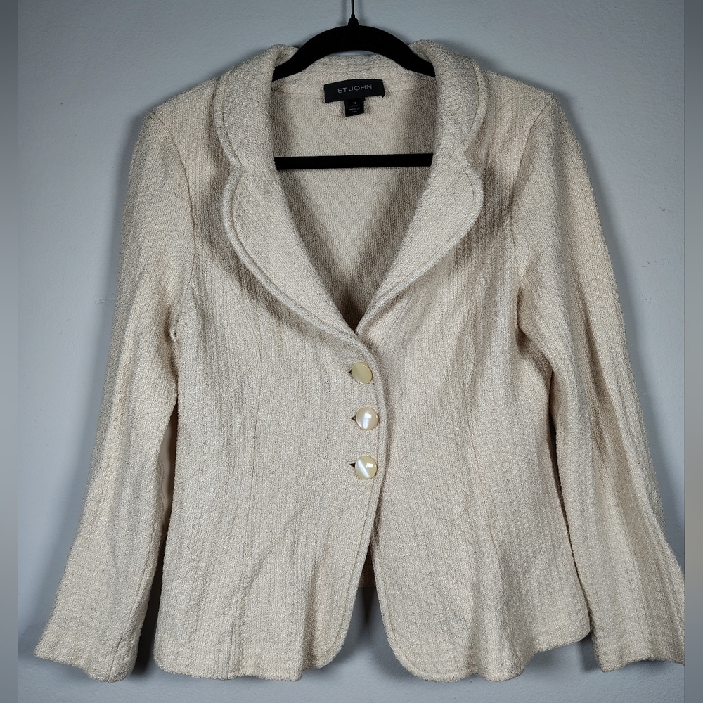 St. John Cream Textured Women's Blazer Jacket With Elbow Patches Size 12